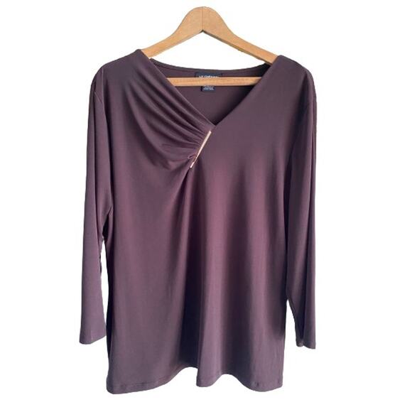 Liz Claiborne Career Chocolate Brown  Brass Ruched Neck Top Sz XXL - Picture 1 of 7